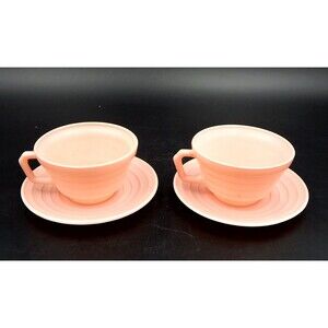 Hazel-Atlas Moderntone Platonite Pastel Pink Tea Coffee Cup & Saucer 2 Sets